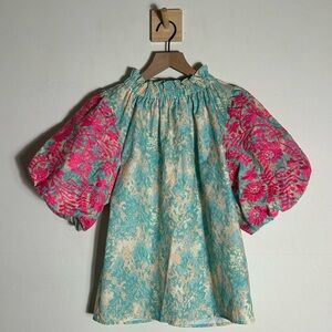 THML Boutique Pink Blue Patterned Blouse Size Small